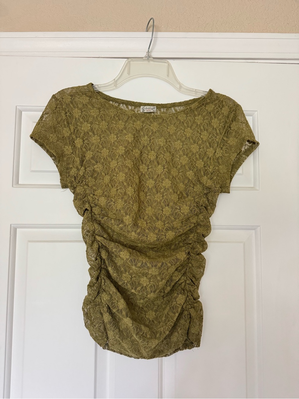 Free People Olive Green Lace Ruched Short Sleeve Top